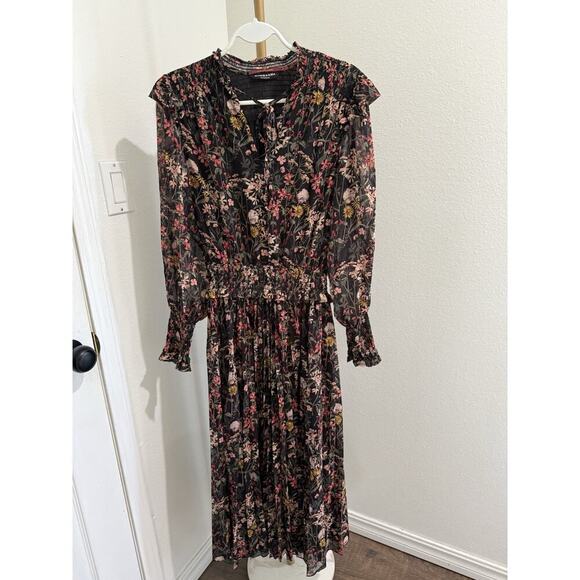 Scotch & Soda Printed Smocked Midi Dress Meadow Deep Raspberry XS NEW - Picture 2 of 8